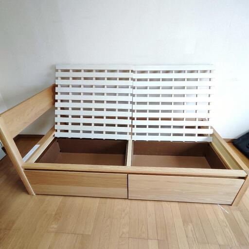 無印 シングルベッドフレーム 木製 オーク材引き出し 2個付き 美品