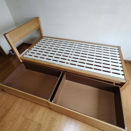無印 シングルベッドフレーム 木製 オーク材引き出し 2個付き 美品