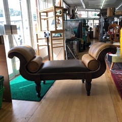 ヴィンテージ レザー張り ベンチソファ 木製