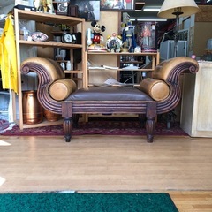 ヴィンテージ レザー張り ベンチソファ 木製
