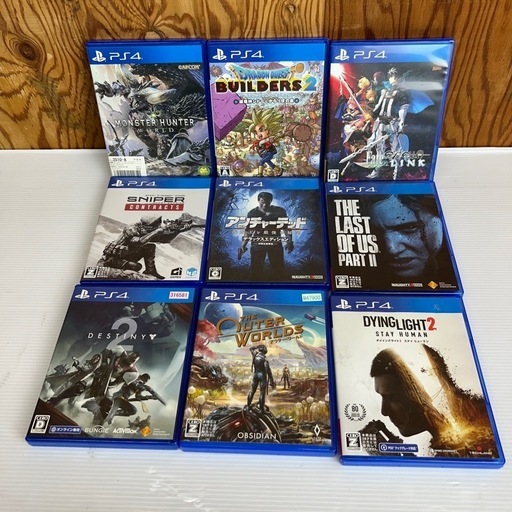 k1008607 未検品 PS4ソフト まとめ売り9本 モンハン  ドラクエ フェイト スナイパー アンチャーテッド ダイイングライト アウターワールド その他 中古 現状品