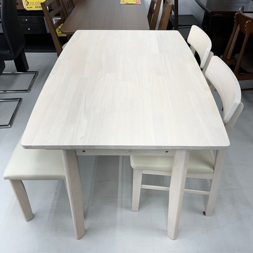 【超美品‼️】ニトリ 120cm幅4人掛けダイニングテーブルセット 片側ベンチ 木製ホワイト♪ 