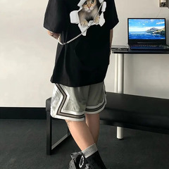 猫のイラスト Tシャツ 黒 半袖 Lサイズ メンズカジュアルコットンTシャツの画像