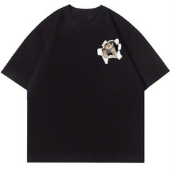 猫のイラスト Tシャツ 黒 半袖 Lサイズ メンズカジュアルコットンTシャツの画像
