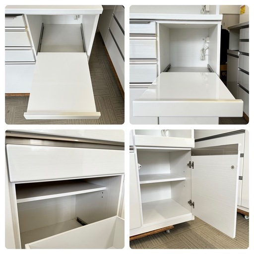 【美品‼️】高級♪ 140cm幅キッチンボード 食器棚 収納家具 レンジボード 艶あり木目調ホワイト♪