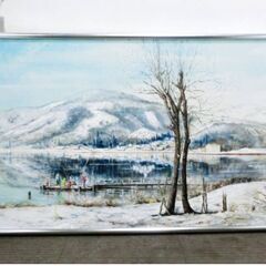 【基本、直接引取限定】【配送リクエストOK！】額装　幅150㎝　油絵　雪景色　釣り冬山　風景画　インテリア　大型　壁掛け　絵画　美術品