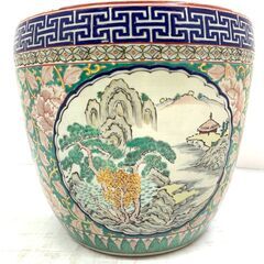 火鉢 金魚鉢 陶器 アンティーク 風景画 中国 茶道具 骨董品 工芸品