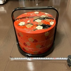 ミニ三段重 朱内黒 梅柄 手提盆 山中漆器