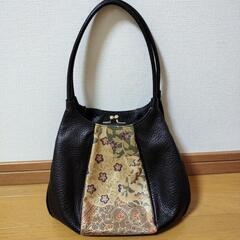 希少　和装用バッグ 黒と金色のレザーヴィンテージハンドバッグの画像