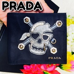 スカル●PRADA●プラダ●二つ折り財布●ナイロン●メンズ●レディース●ブラック●札入れ●カード入れ●メタリック●ミニウォレット●