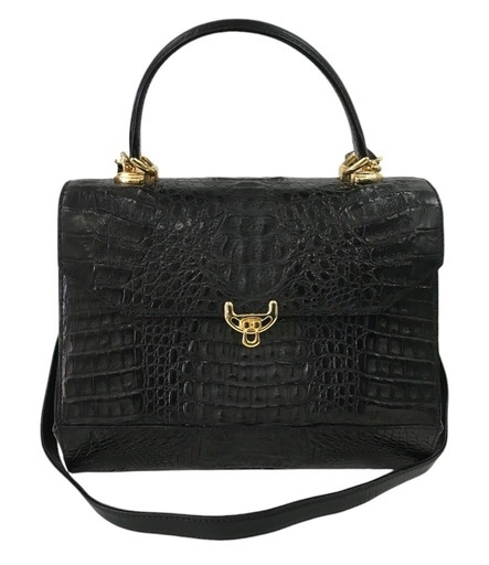 Do-55  クロコダイル　ハンドバッグ　ショルダーバッグ　黒　本革　背鰐　艶消　レディース　2way
