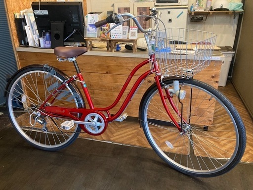 【前後タイヤ・後輪チューブ新品！】 LEDダイナモ　6段変速　27インチ自転車　レッド