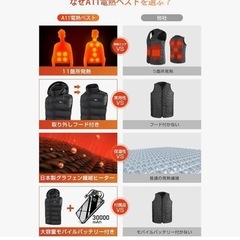新品未使用品です❣️❣️ 電熱ベスト 加熱ベスト 【30000mAhバッテリー付き & 前後11箇所発熱】 ヒーター ベスト フード着脱可能 3段階温度調節 最大約70℃ レディース メンズ ヒートジャケット USB給電 DC給電 発熱 ベスト ヒートベスト 洗濯可能 速暖 大きいサイズ 男女兼用 通勤通学 屋外作業 (XL)の画像