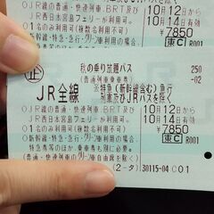 １４日使用分 ２枚分 JR秋の乗り放題パス