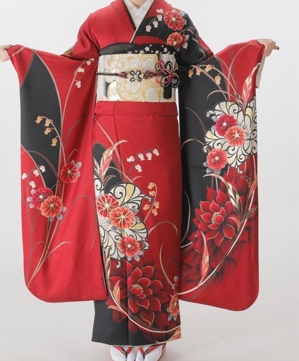 深紅の美しい振袖　フルセット