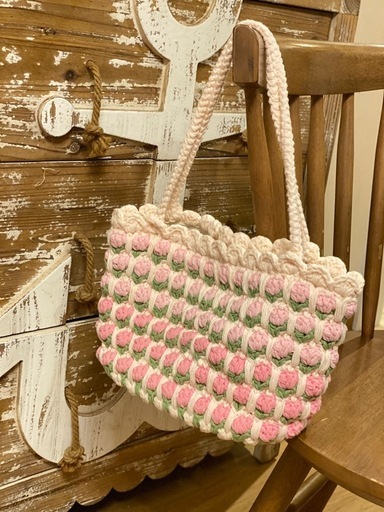 手作りハンドメイド チューリップグラニーバッグ グラデーションピンク立体的な花