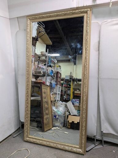 ☆中古￥12,800！大型鏡　家具　金縁　モダン　【BJ071】