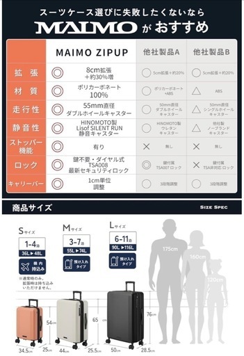 【未使用品】MAIMO スーツケース L 拡張機能 大容量 約90~約116L