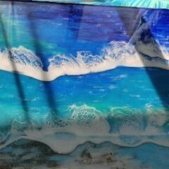 オーシャンレジン折り畳みテーブル　大きいサイズ　アート作品ハンドメイド　お洒落インテリア　綺麗なグラデーションブルー縦横40×80cm高さ70cmの画像