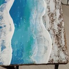 オーシャンレジン折り畳みテーブル　大きいサイズ　アート作品ハンドメイド　お洒落インテリア　綺麗なグラデーションブルー縦横40×80cm高さ70cmの画像