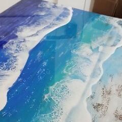 オーシャンレジン折り畳みテーブル　大きいサイズ　アート作品ハンドメイド　お洒落インテリア　綺麗なグラデーションブルー縦横40×80cm高さ70cmの画像