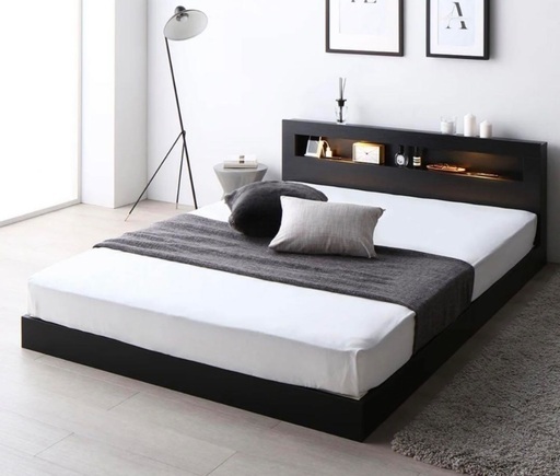 ローベッド LED照明＆棚付き『CONCASA コンカーサ』ブラック　ダブルフレーム　10月20日迄の出品！