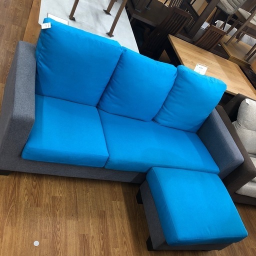 3人掛けソファー　ヨゴレ有り　ファブリック　グレー×ブルー