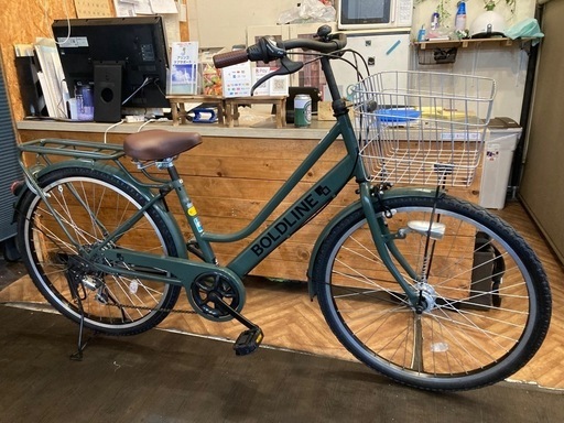 【前輪チューブ・チェーン新品！】 LEDオートライト　6段変速　26インチマウンテンタイヤ自転車　モスグリーン