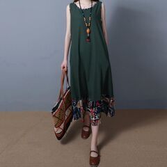 ロングワンピース ノースリーブ Mサイズ XLサイズ 2XLサイズ スカート 涼しい 20代 30代 40代 緑 ワンピース 体形カバー グリーンの画像