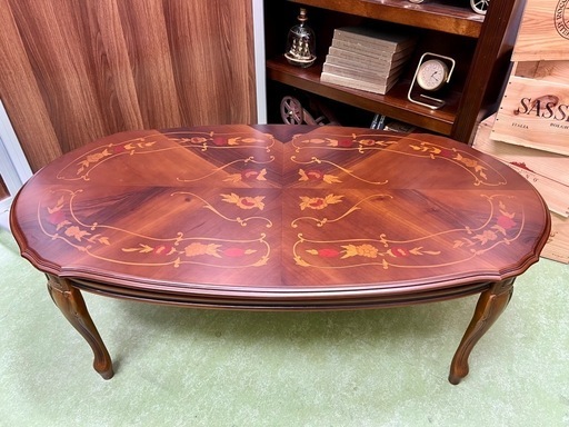 イタリア製【センターテーブル 118×63×42】象嵌細工 猫脚 ローテーブル アンティーク