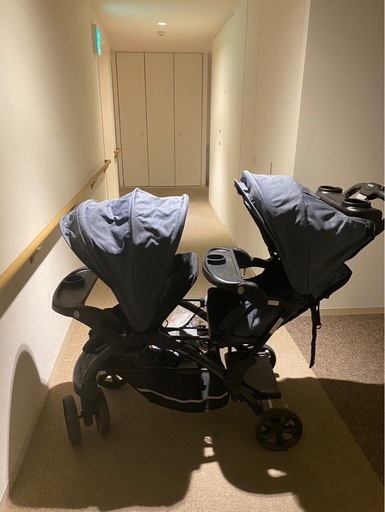 美品KATOJIベビーカー 二人でゴーDX（デニム）レインカバー付き