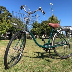 整備済◆26インチ ブリヂストン 自転車 ３段ギア 変速アリ　ママチャリ 緑　タイヤ溝良好