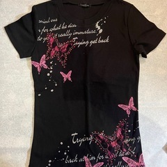 蝶 レース ピンク バック プリント Tシャツ M