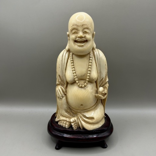 k1017601 布袋和尚 弥勒菩薩 台付き 中国 仏像 置物 時代物 彫刻 手彫 細工 工芸品 アンティーク 飾り用 中古 現状品