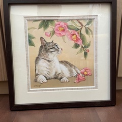 おちょぴさんの絵画「ピンクの椿と猫」です