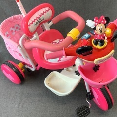 リユース　ディズニー　三輪車　ミニーマウス　おしゃべりカーゴ　1.5歳から5歳未満　身長目安　80から100cm  コントロールバーとハンドルの連動可能　ピンク色の画像