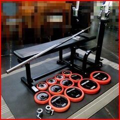 ① 現行モデル 美品 ファイティングロード/ FIGHTING ROAD　ハードベンチ＋ラバープレート70Kg+ダンベルシャフト 2本+バーベルシャフト 1本 手渡し希望/自社配送可能（配送エリアについてお問い合わせください）筋トレ・宅トレの初心者に最適の画像