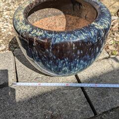 火鉢③ 昭和レトロ 陶器製  金魚鉢 メダカ鉢 睡蓮鉢 青 ブルー