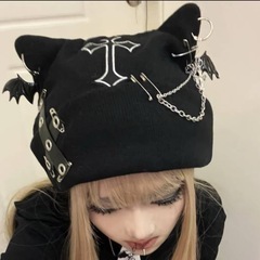 デビル耳猫耳付き黒ニット帽・ビーニー　チェーンデザイン ニット帽...