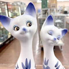 札幌 東区 猫/ネコ 置物 ペア 昭和レトロ 青系 飾り物 動物 花柄 の画像