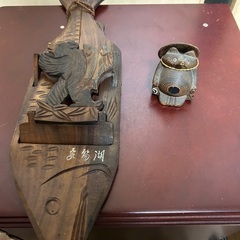 民芸品　木彫り（熊・鮭・狸）昭和アンティーク　ポストカード入れ・...