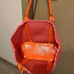 DIANA ピンク×オレンジ テープ編みバッグ　ミニポーチ付きの画像