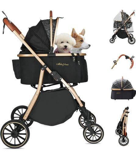 MILA\u0026LOUIS 4輪ペットカート 犬用カート分離型 ワンタッチ 折りたたみ ホイール後輪片足ブレーキ 犬カート耐荷重25Kg 小型犬用 中型犬・猫用 通気性セーフティ カップホルダー、フック、レインカバー付き、犬用のレインコートと使い捨てシューズお付けします！