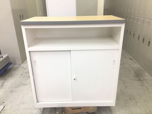 中古　極美品　生興　業務用カウンター　ハイカウンター　受付カウンター　オフィスカウンター　スチールカウンター　A4対応　引き戸/引き違い戸　NSシリーズ　W900×D450　鍵付　ホワイト/ナチュラル　日本製　愛知　一宮市　江南市　稲沢市　岩倉市　名古屋　岐阜　各務ヶ原　羽島　三重　グッドプライス一宮