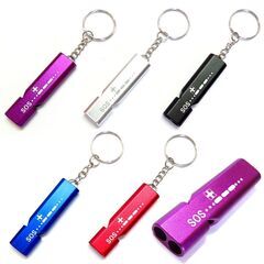 SOSガイドプリント付 大音量 120dB アルミ製 ダブルホイッスル 5個セット  緊急ホイッスル 救助笛 防犯 フエ 笛 台風対策 救助要請 警笛 登山 ハイキング 釣り カヤック SUP 審判の画像