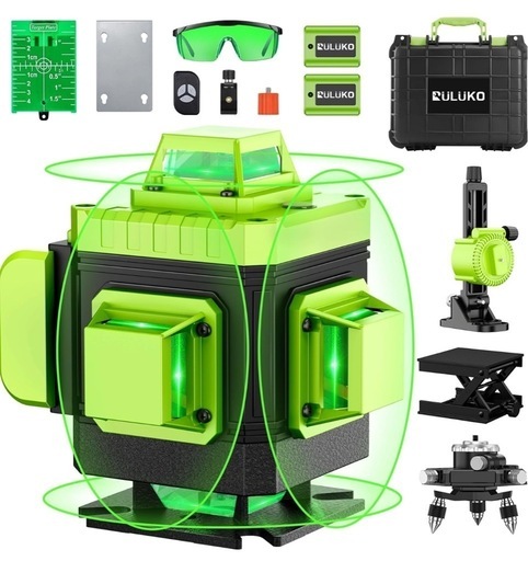 ❤️新品❤️【バッテリー2個】レーザー墨出し器 4×360° グリーンレーザー 水平器 16ライン 30m範囲 受光器 屋内屋外兼用 自動補正