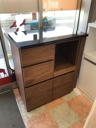 レンジボード 一生紀 茶/黒 木目調 W(幅)80.0×D(奥行き)44.8×H(高さ)90.4cm ※クリーニング済み