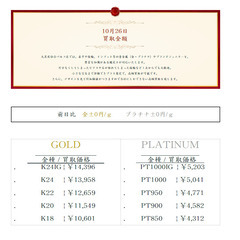 大黒屋仙台パルコ店 10/26  本日の貴金属の買取金額