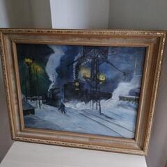美品  油絵  雪夜の汽車