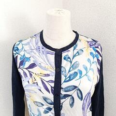ダイアグラム 美品 長袖ニットカーディガン 花柄 ボタニカル柄 紺色 綿シルク混 36 S レディースの画像